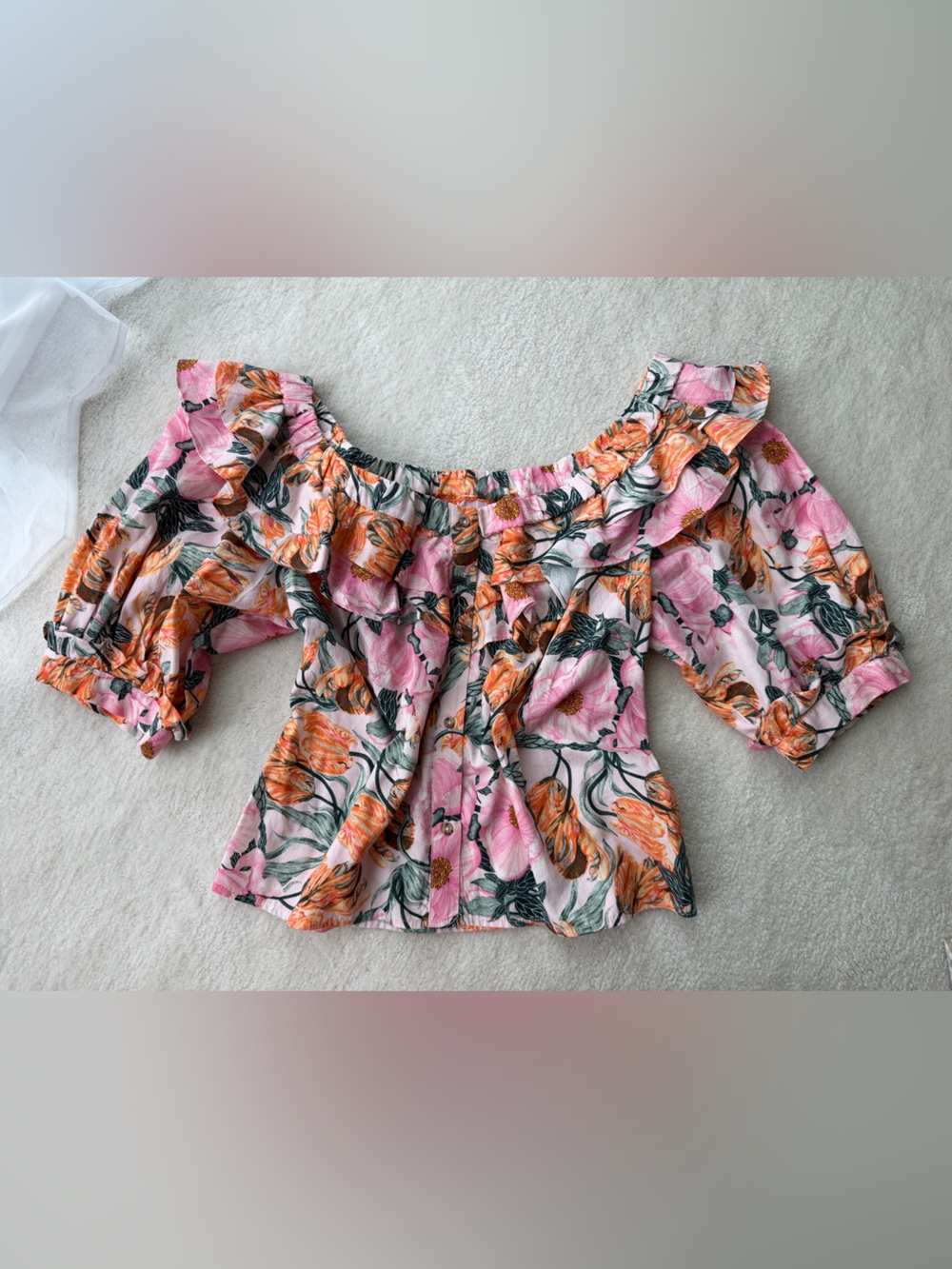 BNWT Cecilia Pettersson Anthropologie Ruffled Off-The-Shoulder Floral Pink Top